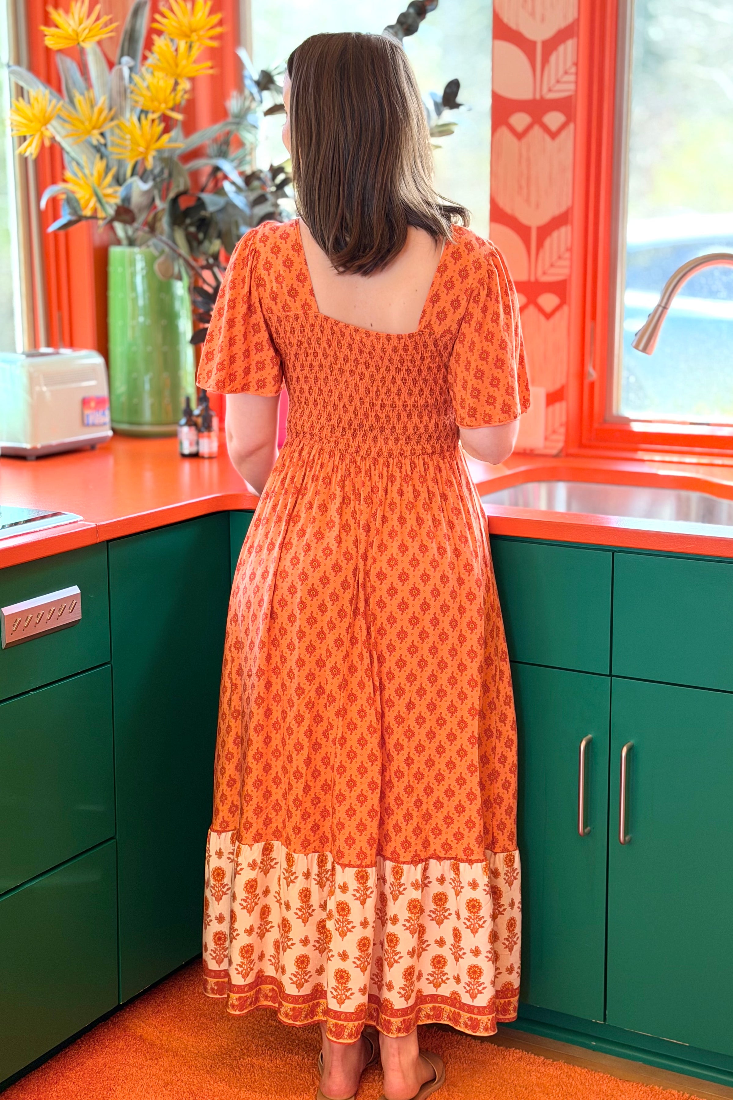 Printed Square Neck Dress - Orange