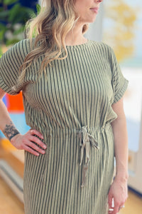 Tie Waist Striped Midi Dress - Sage