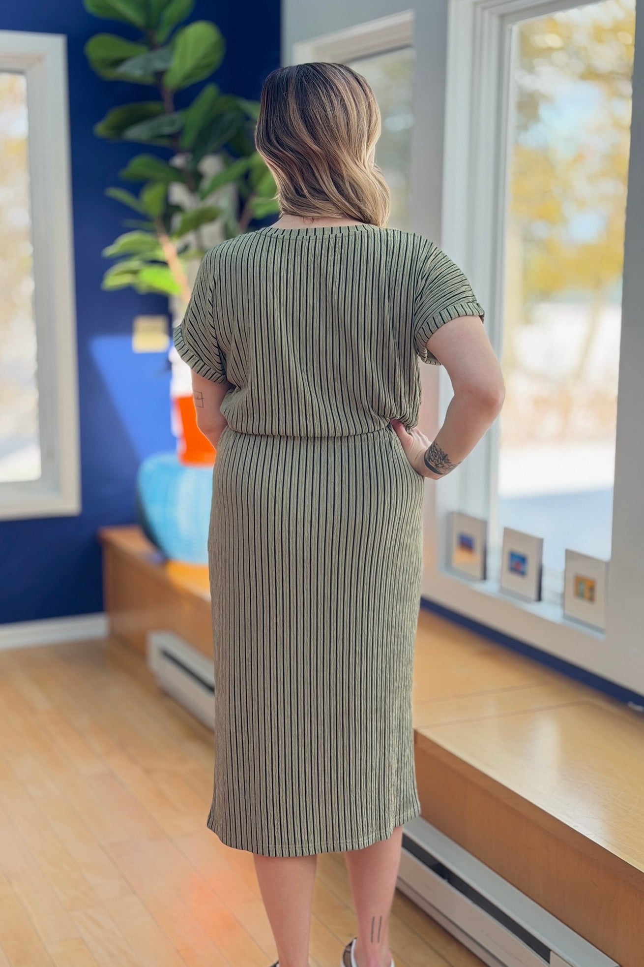 Tie Waist Striped Midi Dress - Sage