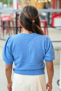 Button Short Sleeve Cardigan - Blue