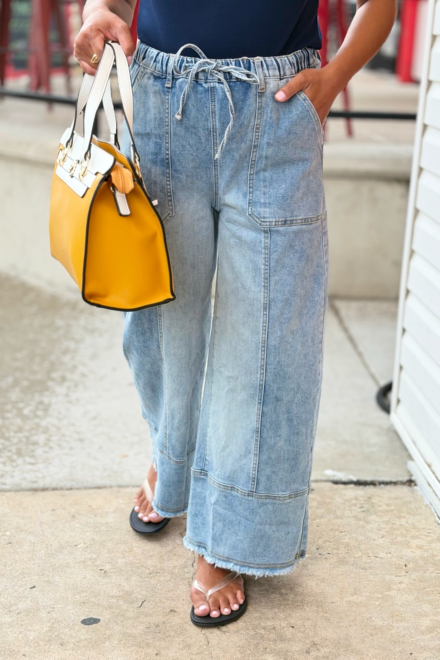 Drawstring Raw Hem Wide Leg Pants - Blue