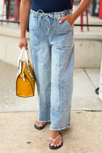 Drawstring Raw Hem Wide Leg Pants - Blue
