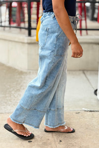 Drawstring Raw Hem Wide Leg Pants - Blue
