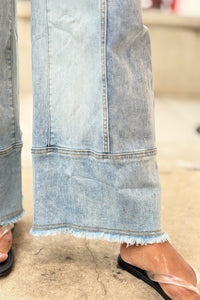 Drawstring Raw Hem Wide Leg Pants - Blue