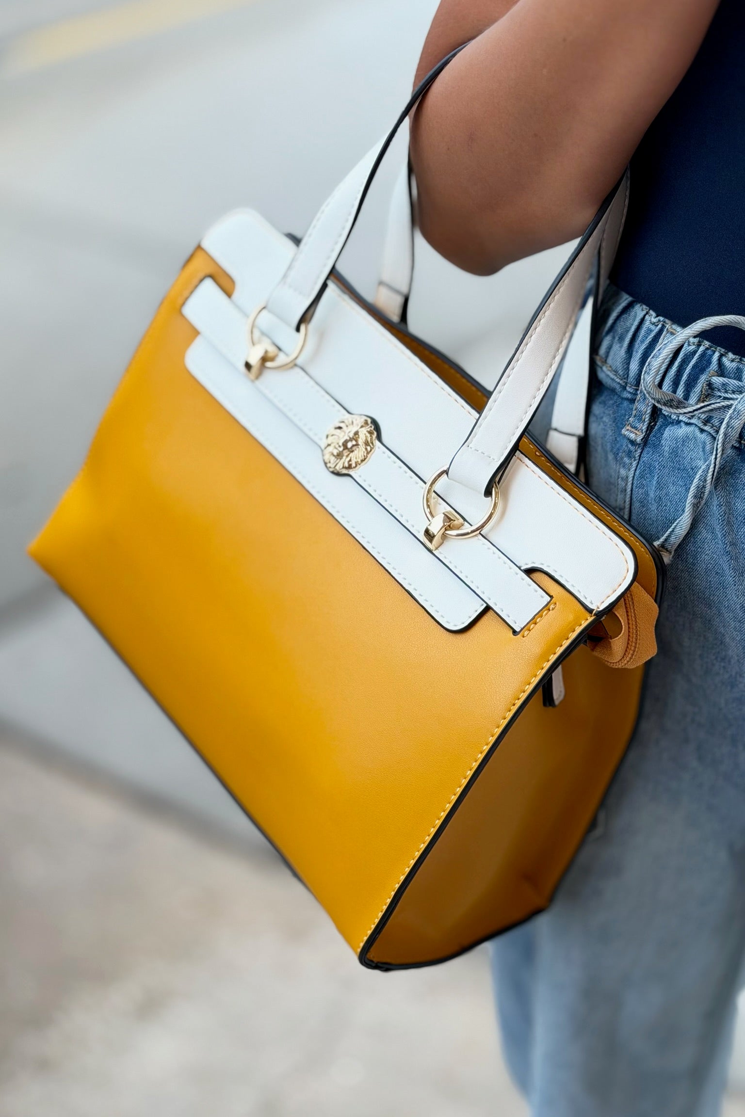 Lexie Two-Tone Lion Satchel Bag - Mustard