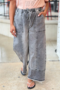 Drawstring Raw Hem Wide Leg Pants - Grey