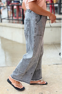 Drawstring Raw Hem Wide Leg Pants - Grey