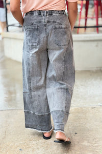 Drawstring Raw Hem Wide Leg Pants - Grey