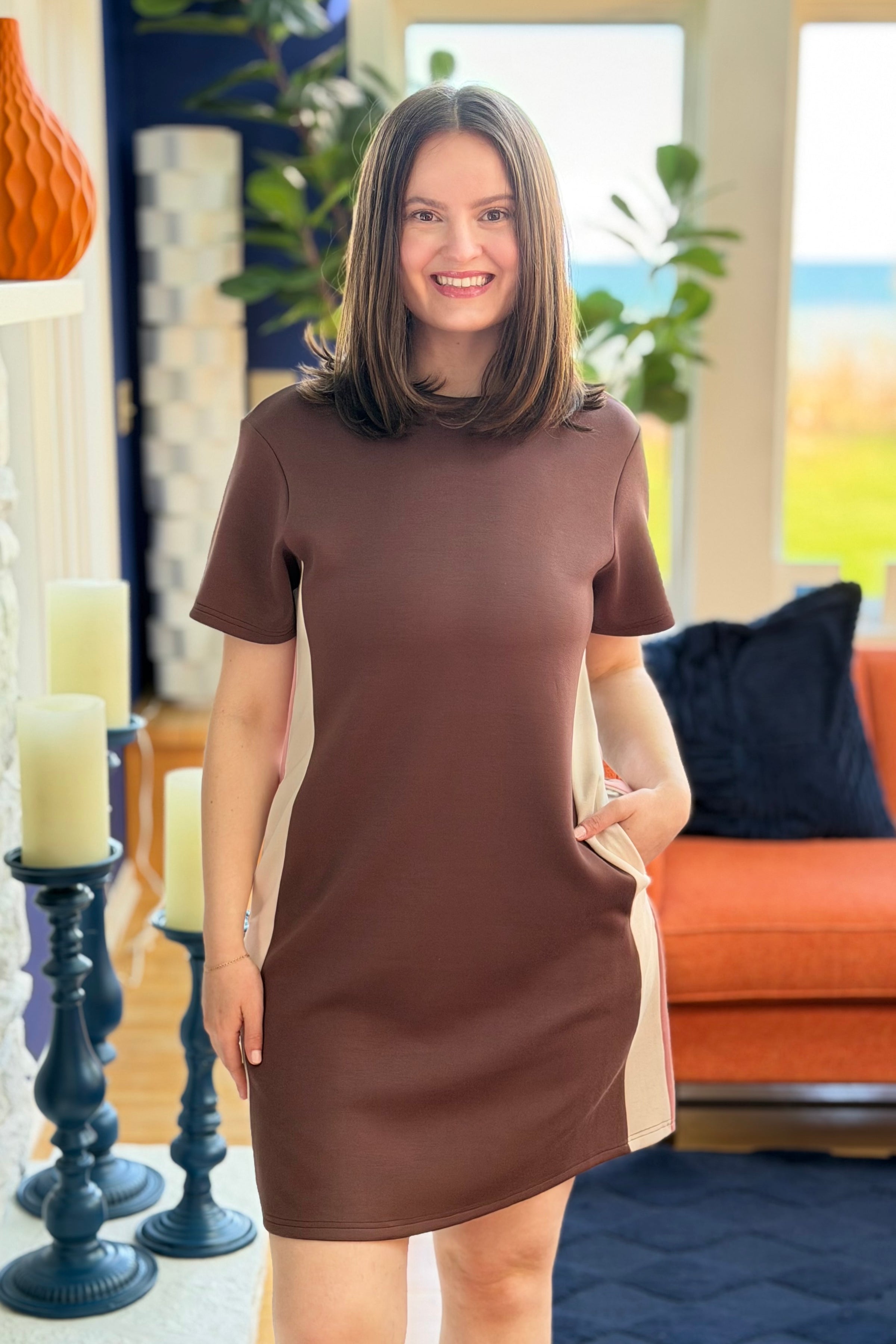 Colorblock Shift Mini Dress - Brown