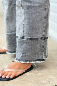 Drawstring Raw Hem Wide Leg Pants - Grey