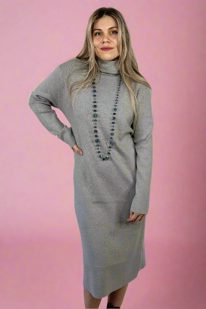 A women’s grey midi sweater dress featuring a relaxed fit, turtle neck, and long sleeves.