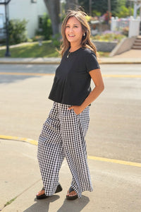 Gingham Smocked Waist Pants - Black