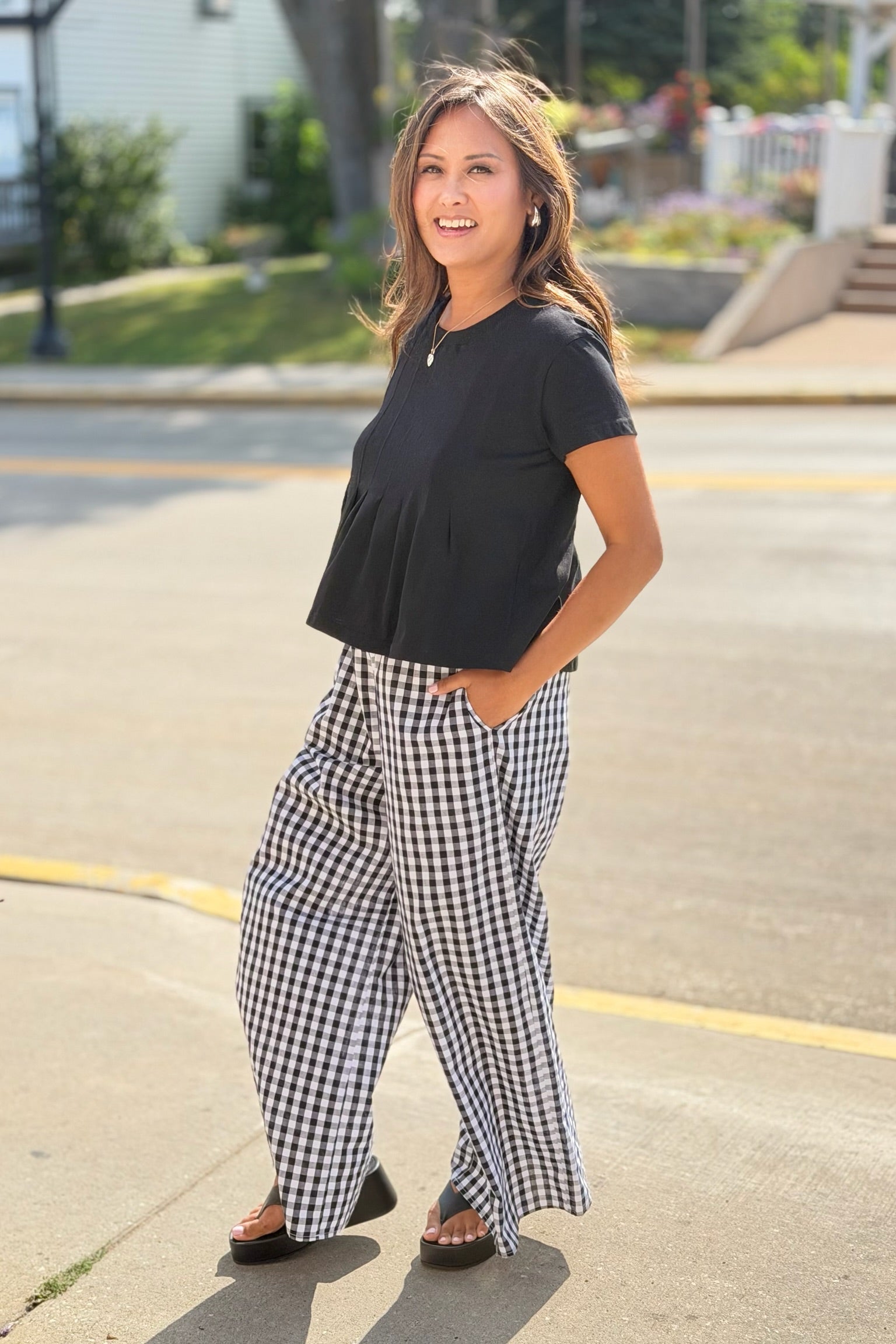 Gingham Smocked Waist Pants - Black