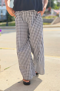 Gingham Smocked Waist Pants - Black