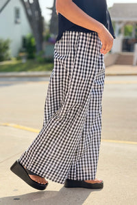 Gingham Smocked Waist Pants - Black