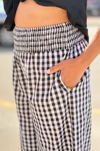 Gingham Smocked Waist Pants - Black