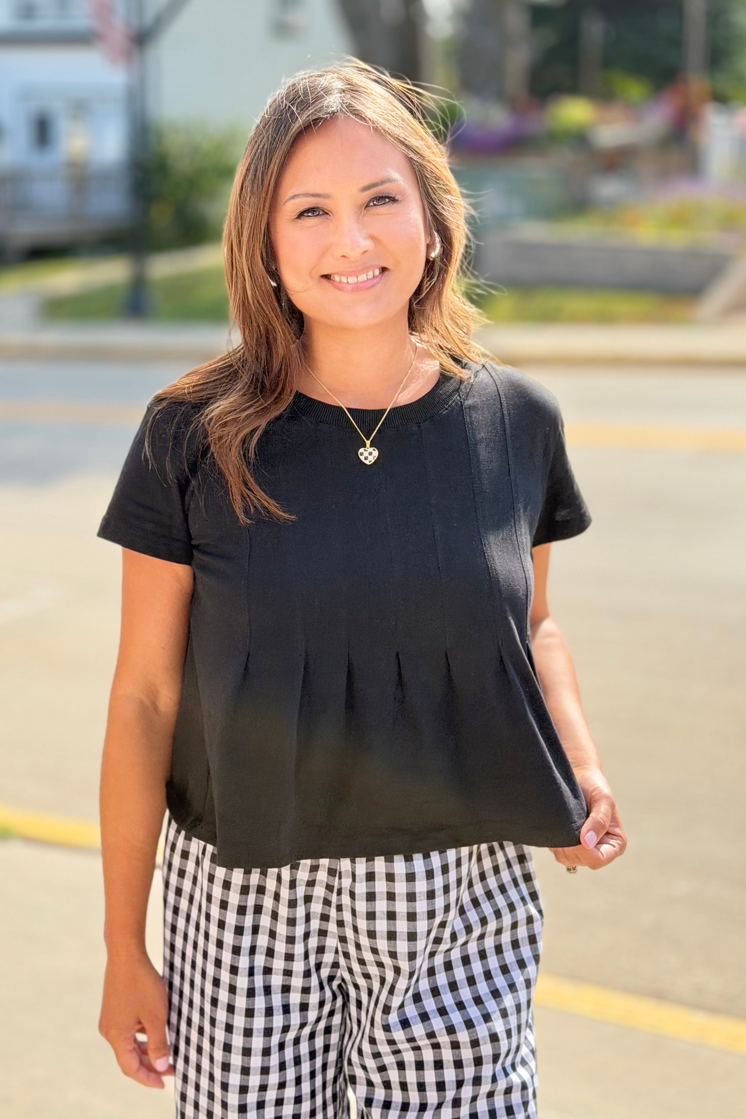 Pleated Swing Tee Top - Black
