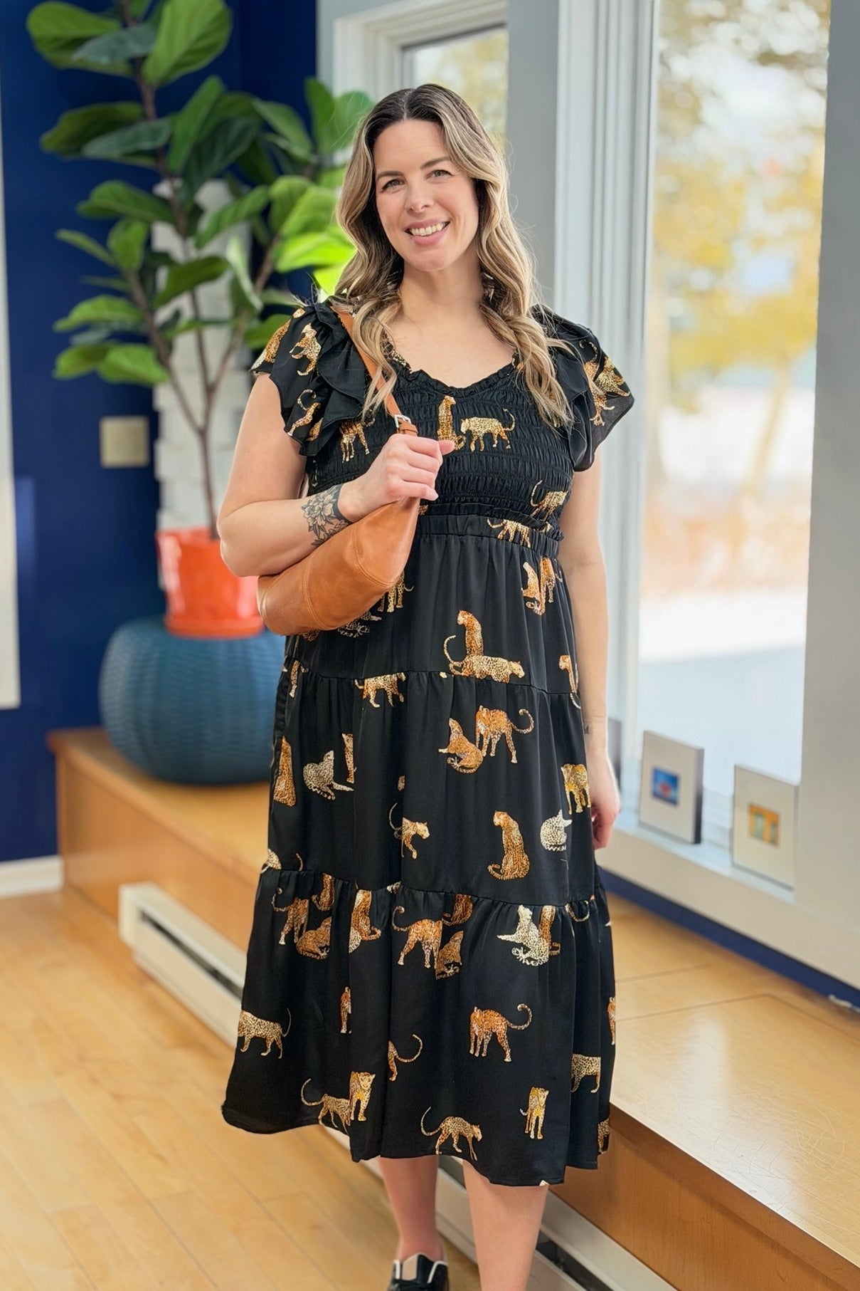 Cheetah Print Midi Dress - Black