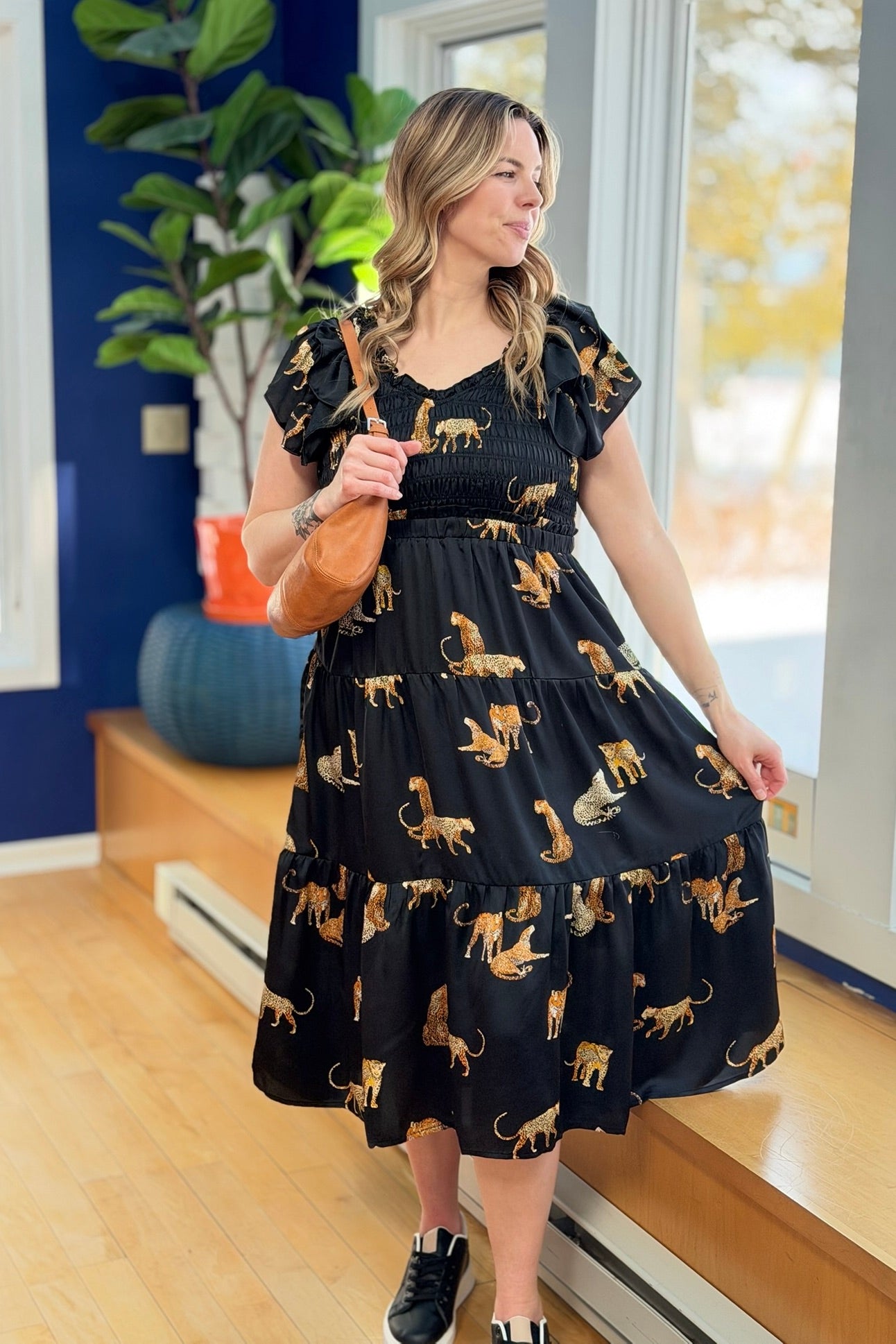 Cheetah Print Midi Dress - Black