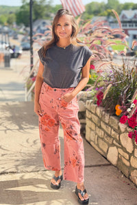 Corduroy Floral Barrel Pants - Rose