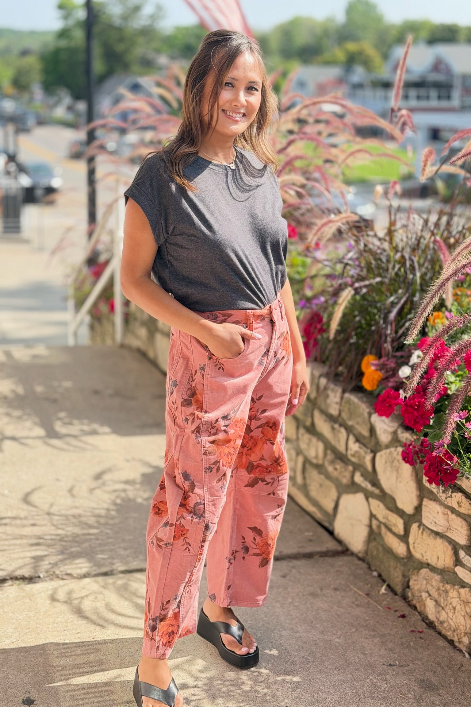 Corduroy Floral Barrel Pants - Rose