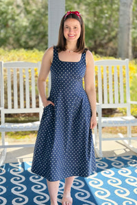 Polka Dot Flared A-line Midi Dress - Navy