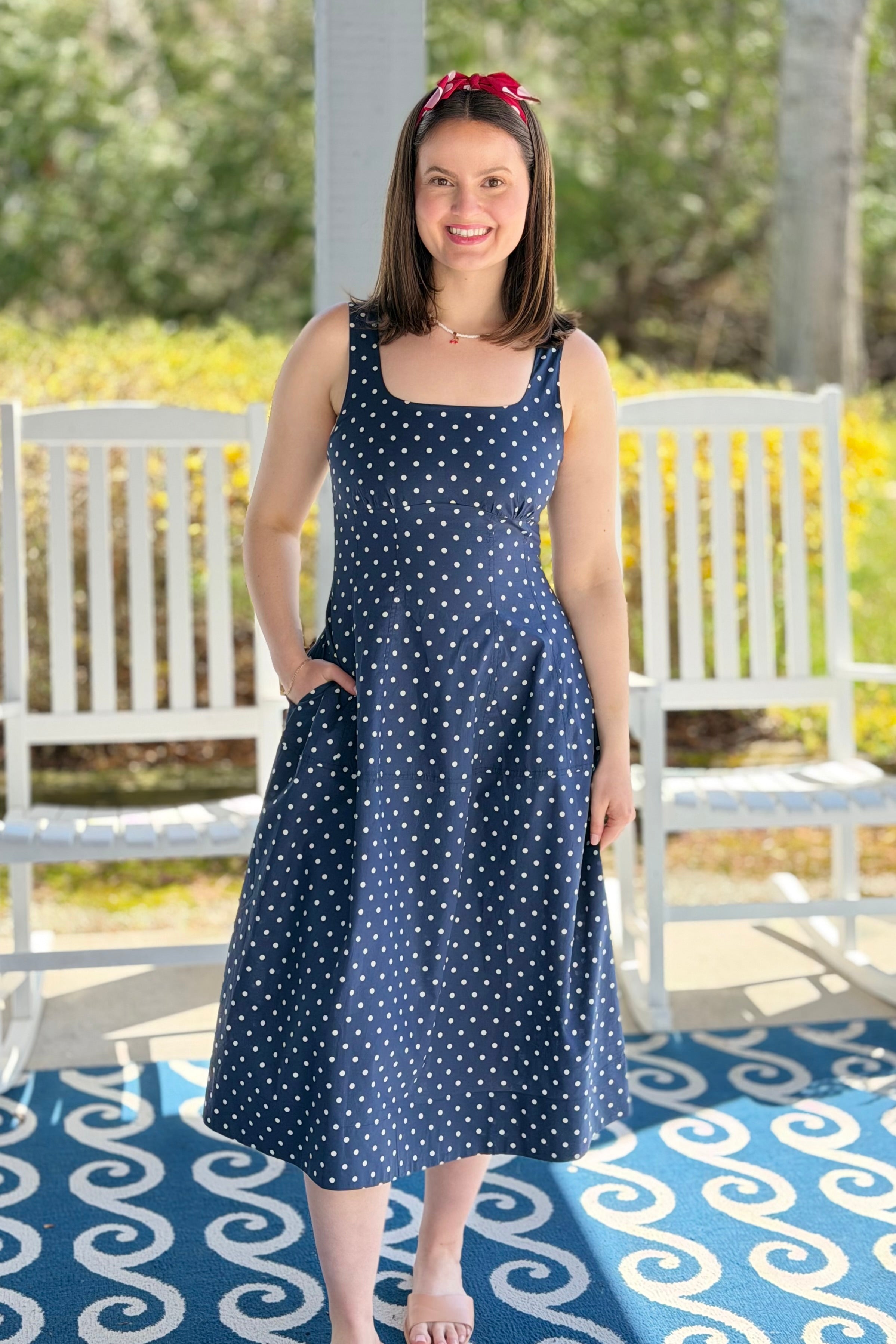 Polka Dot Flared A-line Midi Dress - Navy