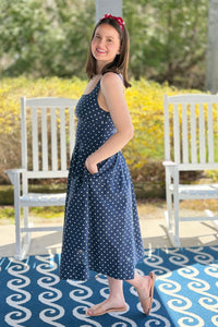 Polka Dot Flared A-line Midi Dress - Navy