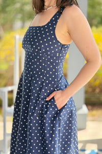 Polka Dot Flared A-line Midi Dress - Navy