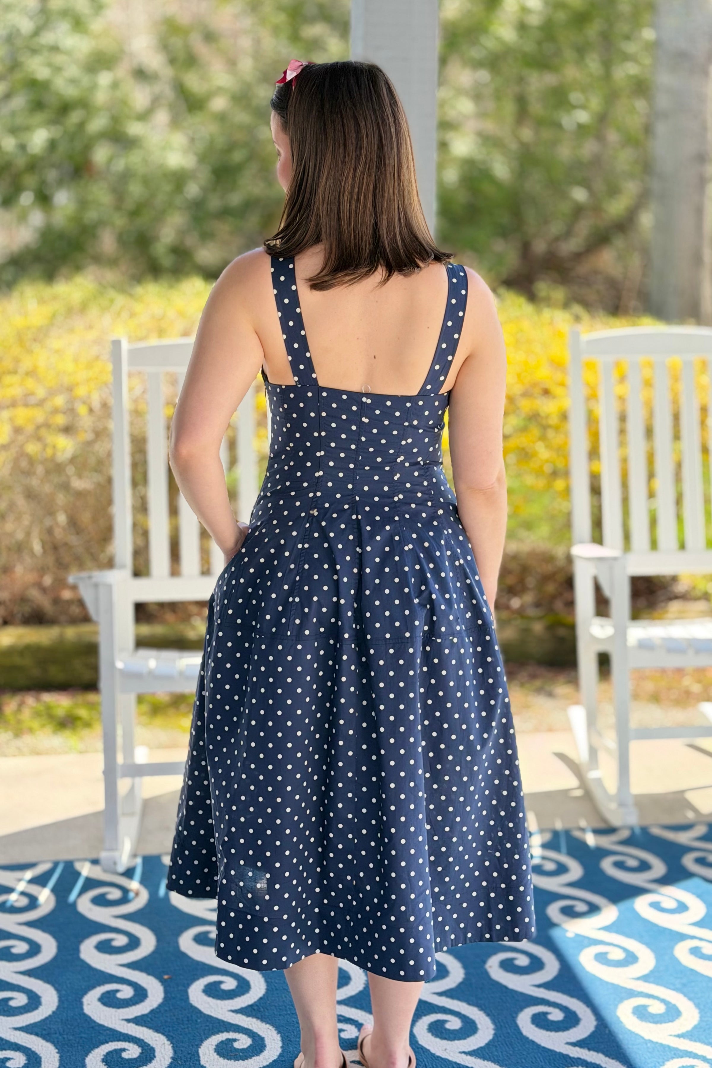 Polka Dot Flared A-line Midi Dress - Navy