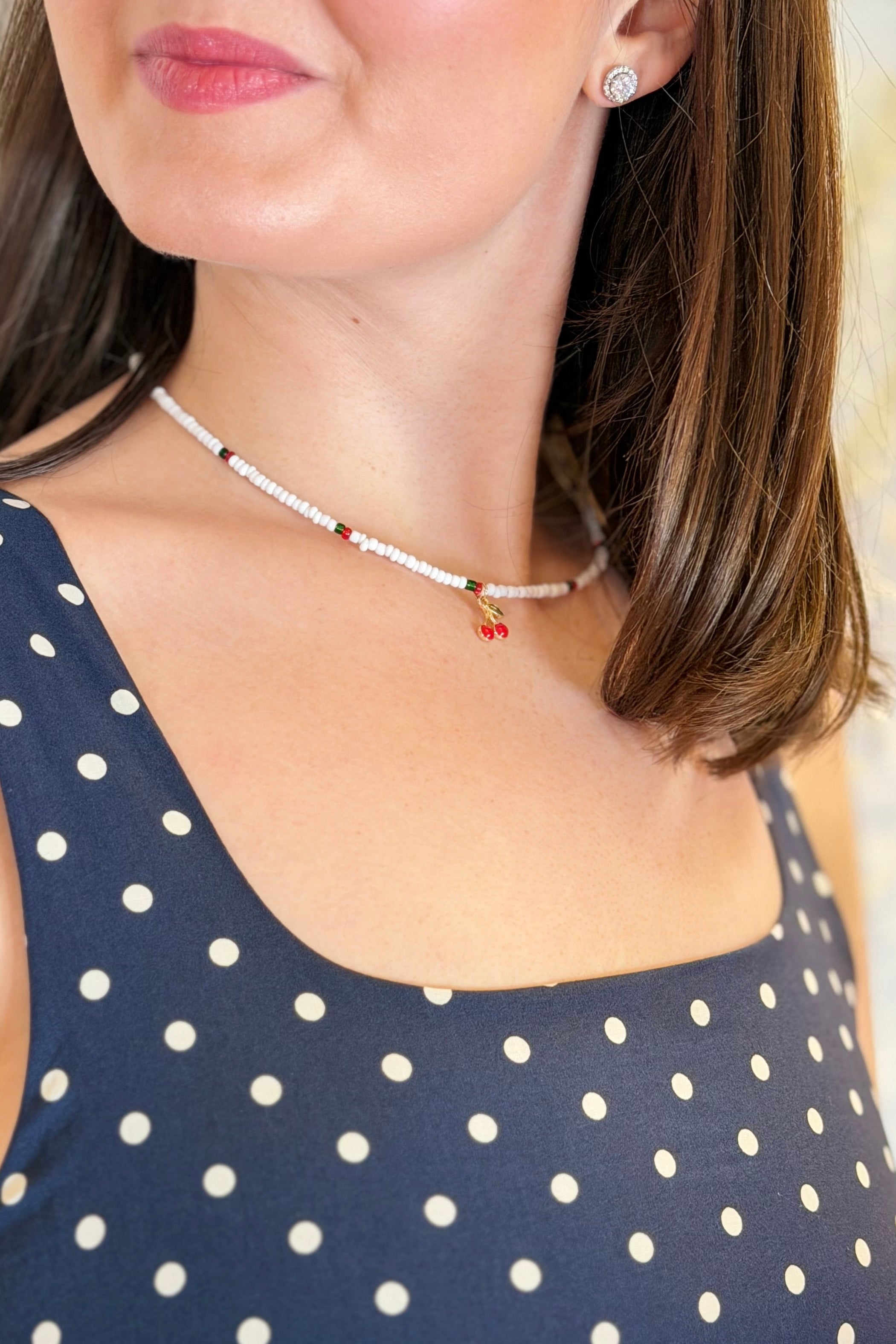 White Beaded Cherry Charm Necklace