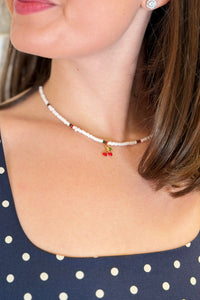 White Beaded Cherry Charm Necklace