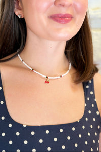 White Beaded Cherry Charm Necklace