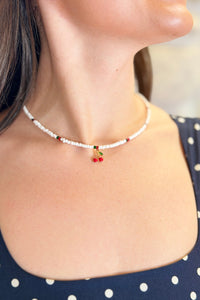 White Beaded Cherry Charm Necklace