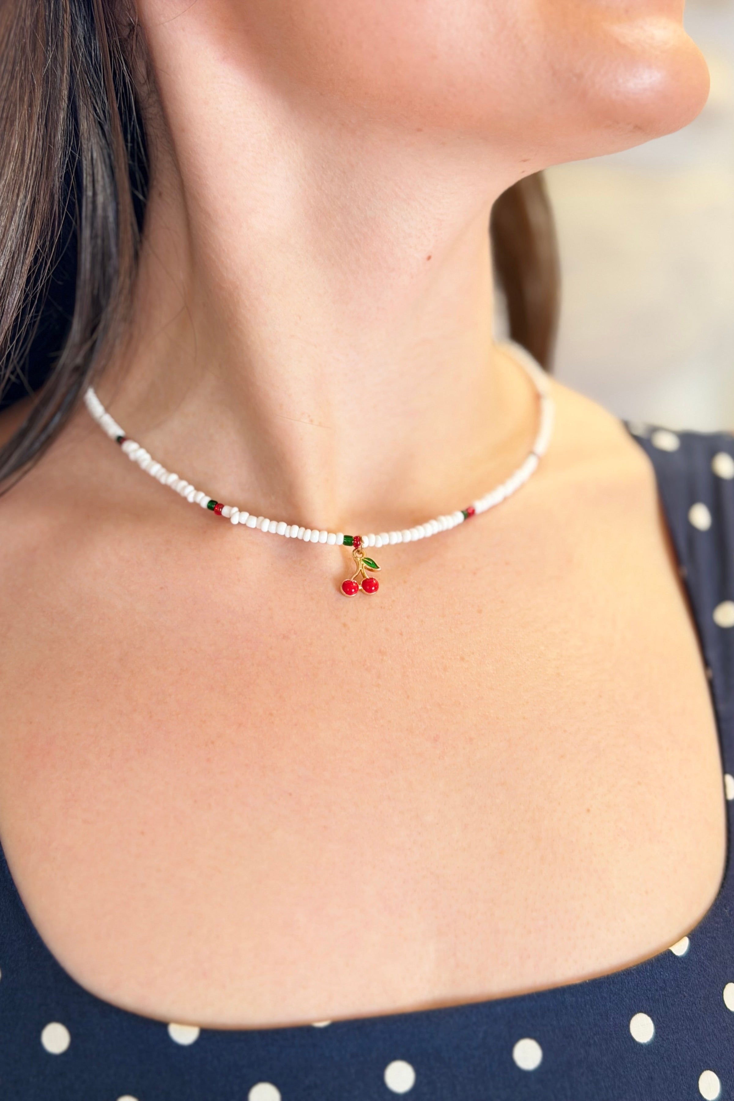 White Beaded Cherry Charm Necklace