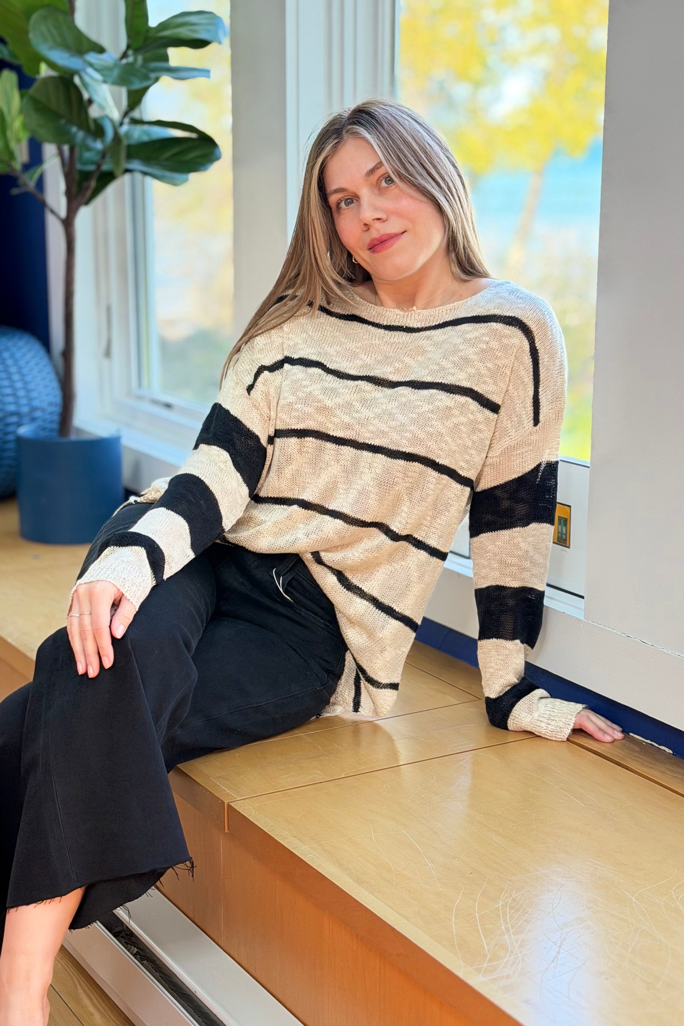 Loose-Fit Striped Knit Top - Taupe