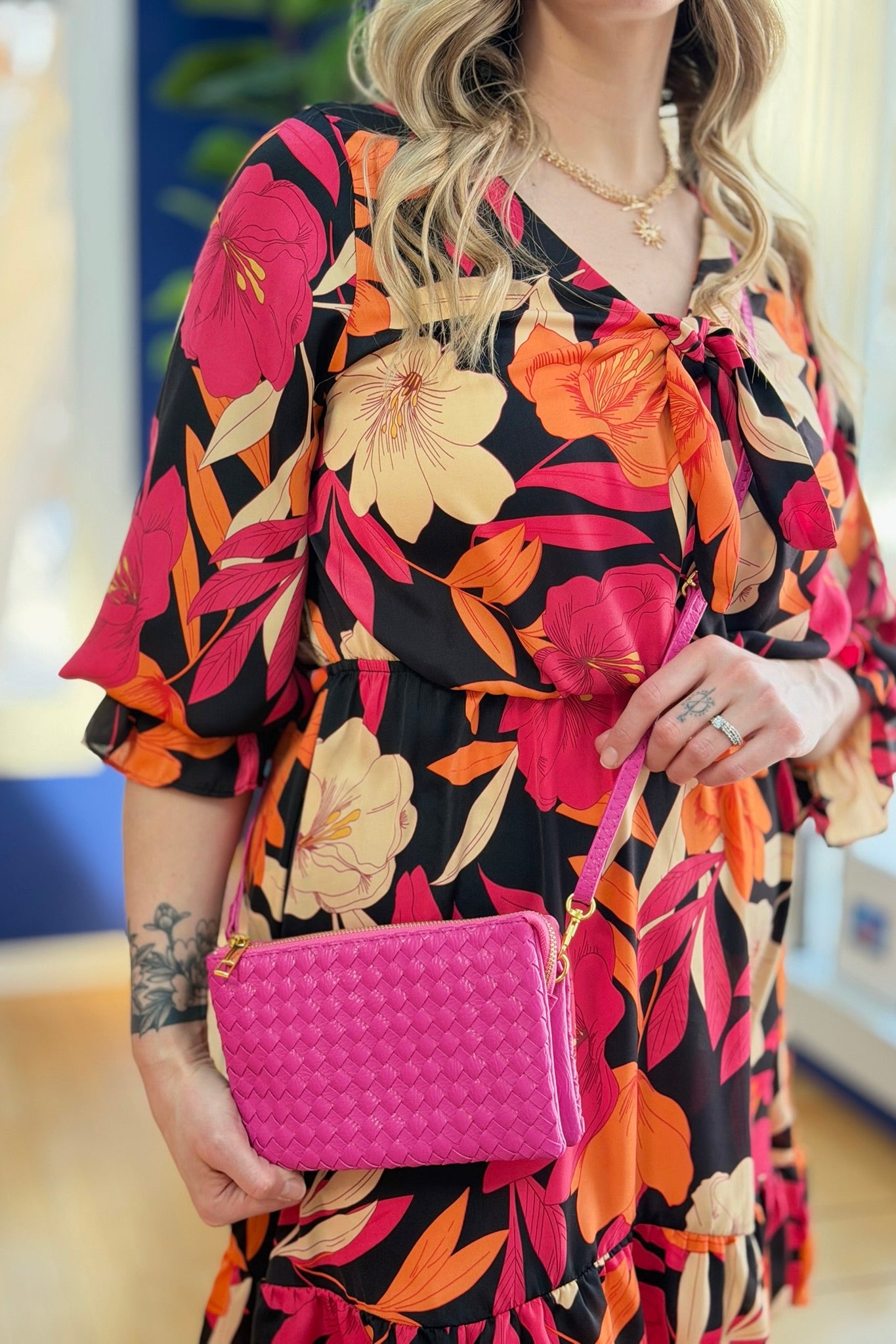 Kathy Woven Clutch/Crossbody Bag - Hot Pink