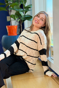 Loose-Fit Striped Knit Top - Taupe