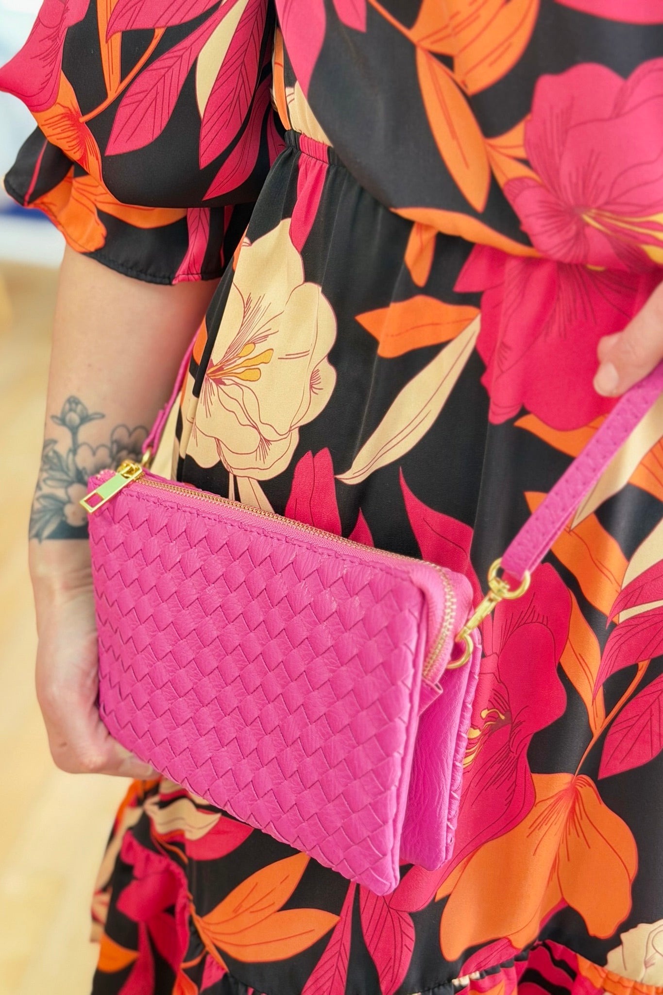 Kathy Woven Clutch/Crossbody Bag - Hot Pink