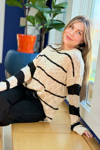 Loose-Fit Striped Knit Top - Taupe
