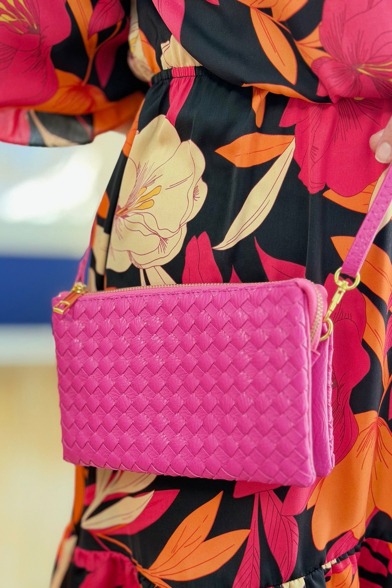 Kathy Woven Clutch/Crossbody Bag - Hot Pink