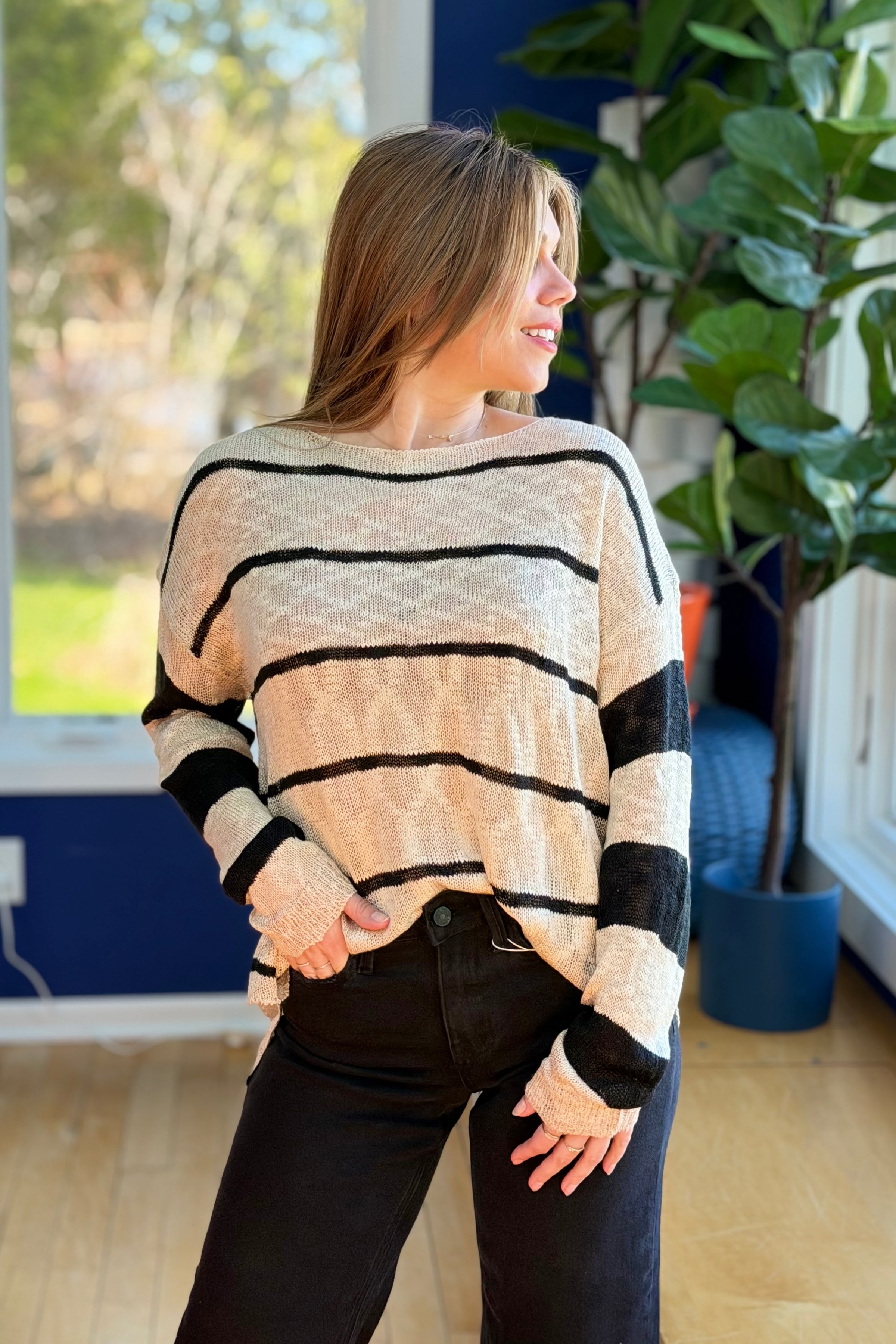Loose-Fit Striped Knit Top - Taupe