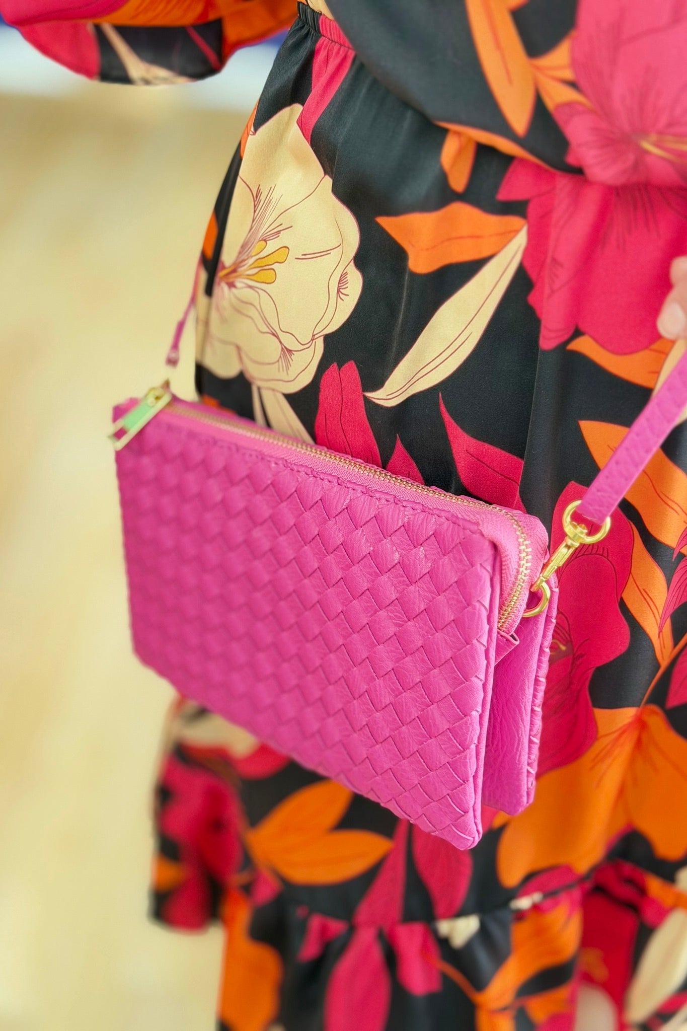 Kathy Woven Clutch/Crossbody Bag - Hot Pink