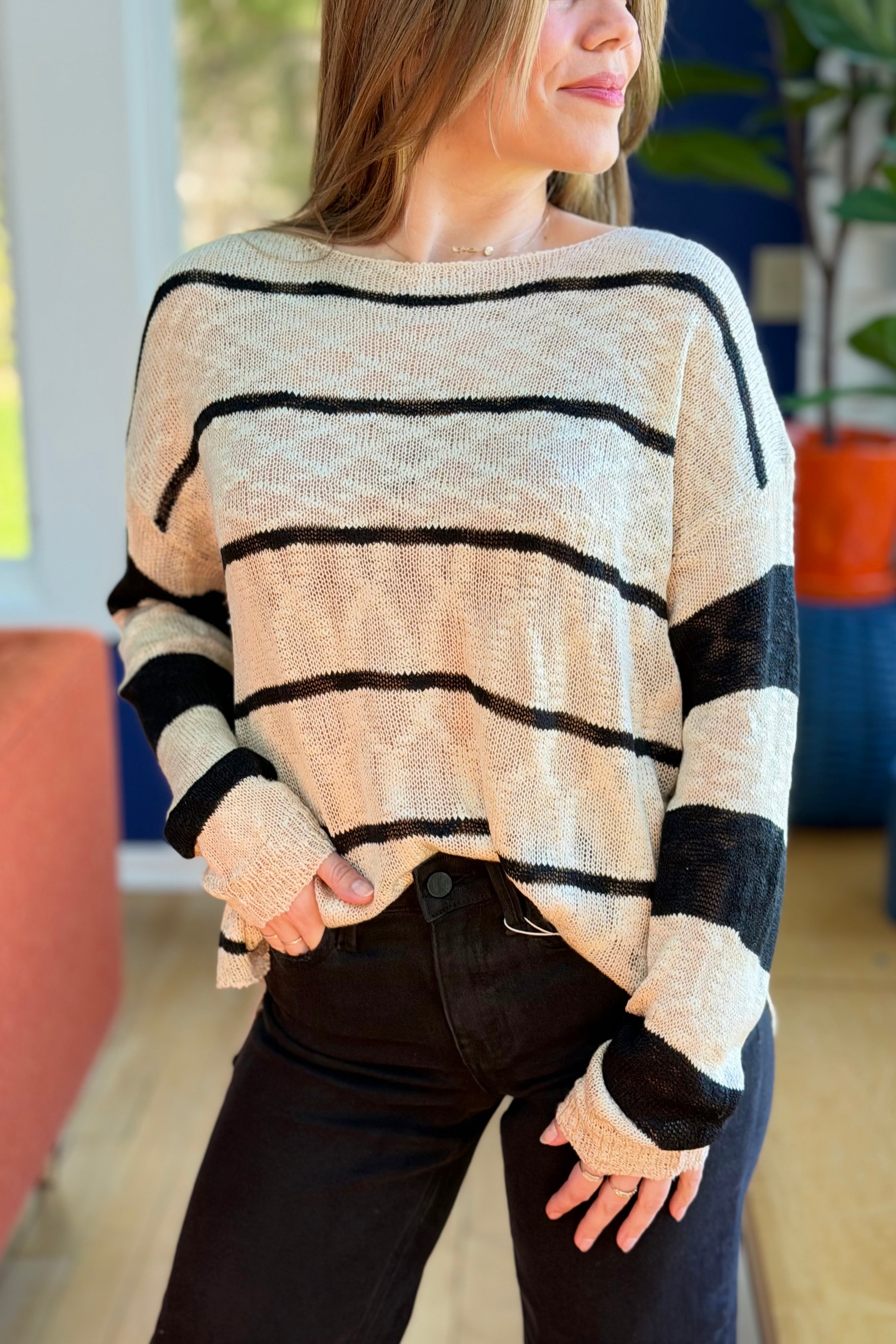 Loose-Fit Striped Knit Top - Taupe