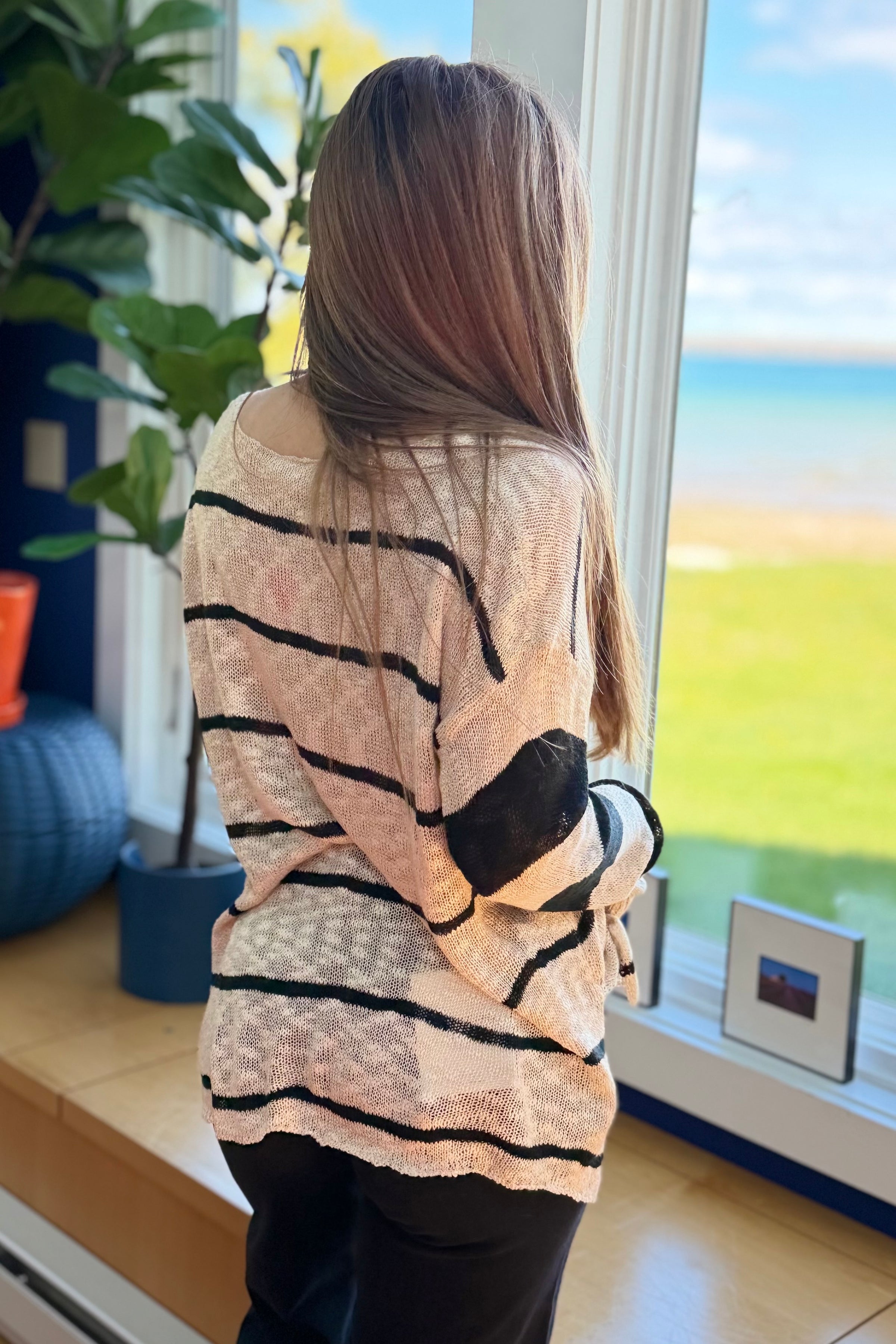 Loose-Fit Striped Knit Top - Taupe