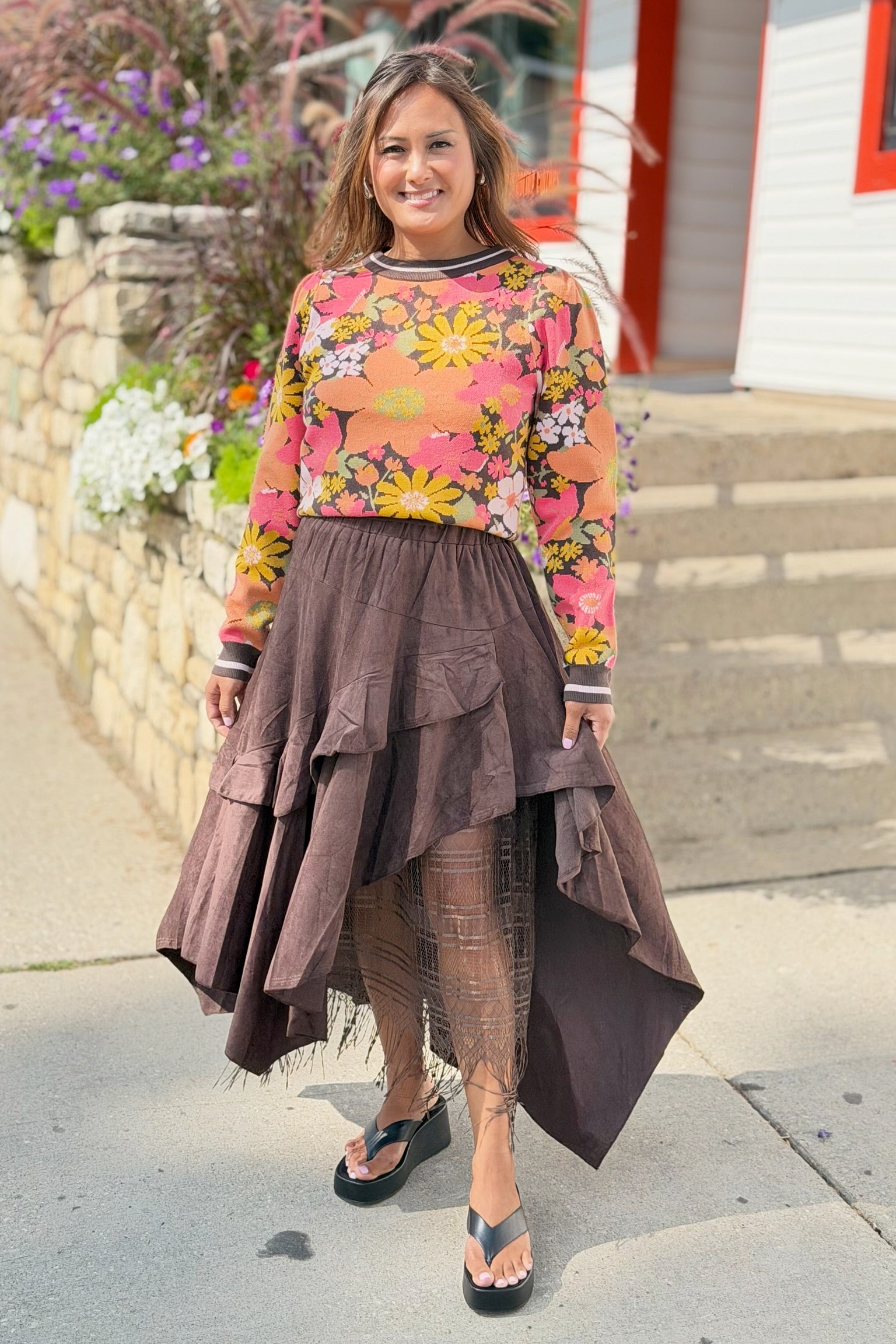 Floral Jacquard Puff Sleeve Sweater