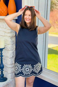 Navy Floral Embroidered Mini Dress