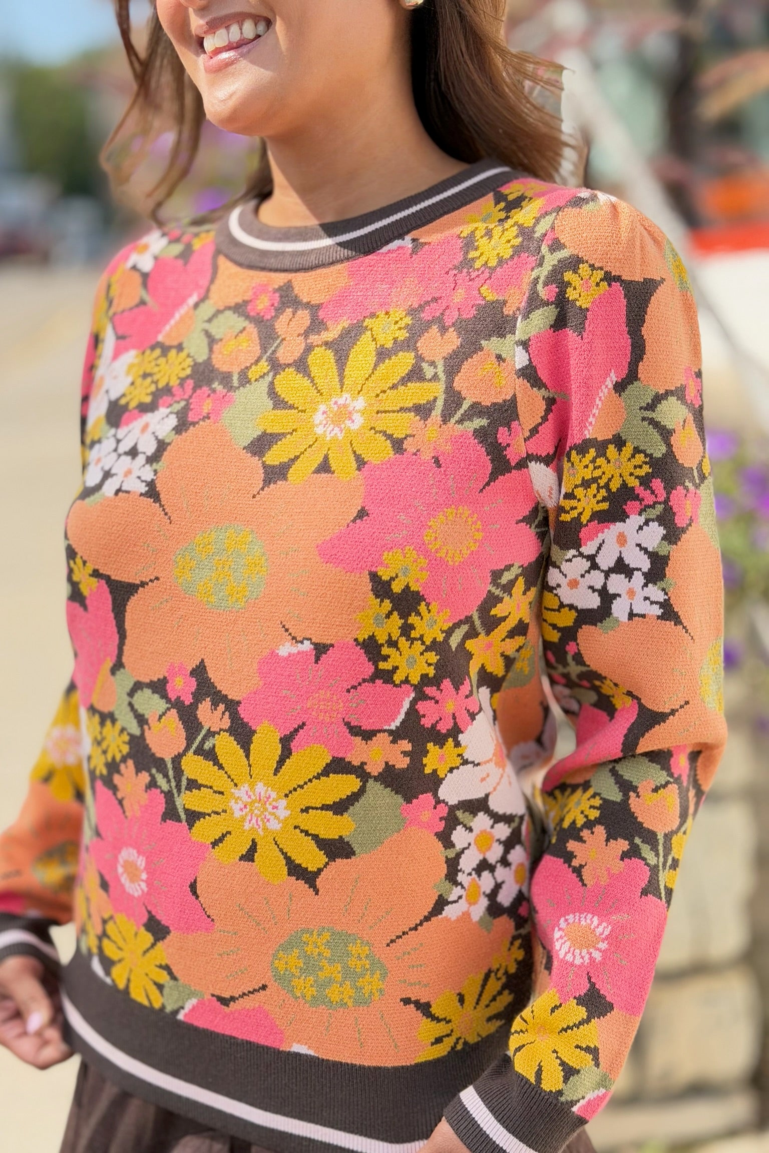 Floral Jacquard Puff Sleeve Sweater