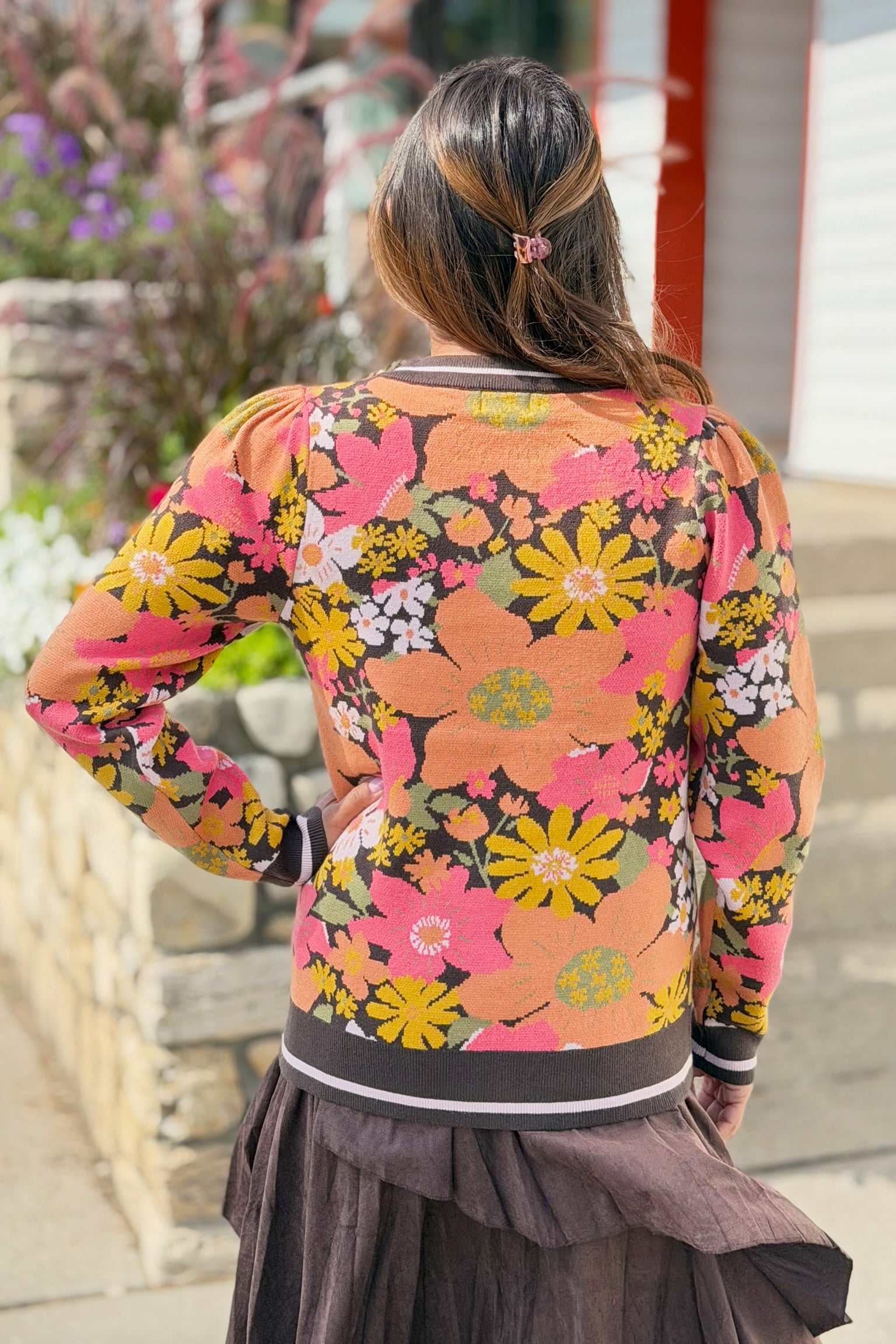 Floral Jacquard Puff Sleeve Sweater