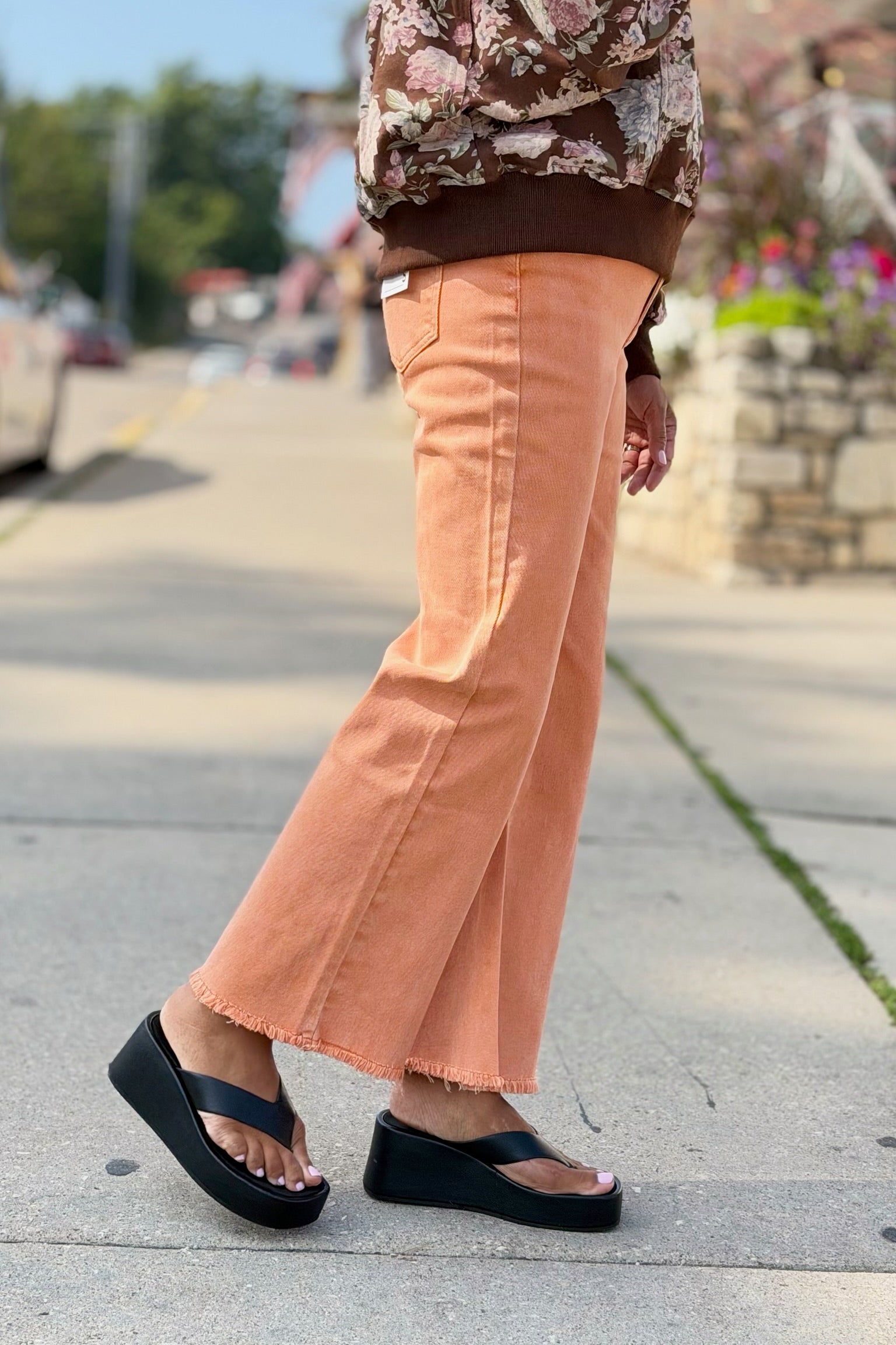 Acid Washed High Waist Pants - Orange